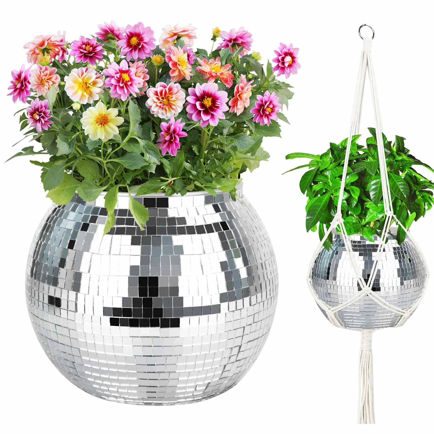 Pot de fleurs boule disco argenté de 22,9 cm avec corde de suspension, crochet | Pour la décoration