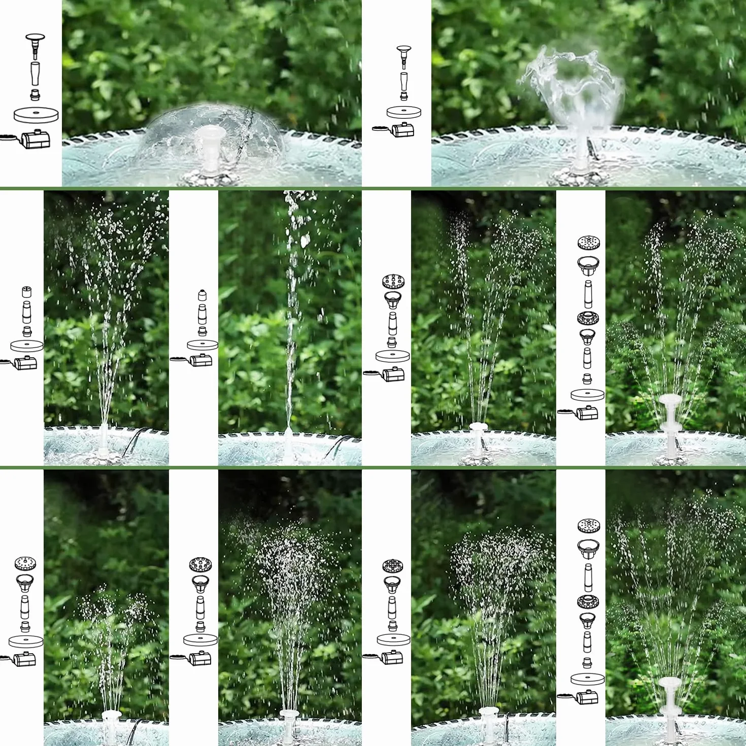 Fontaine Solaire LED avec Panneau Solaire 7W, Batterie 5000 Mah intégrée, 10 Styles de Fontaine pour Jardin, Bain d'oiseaux et étang