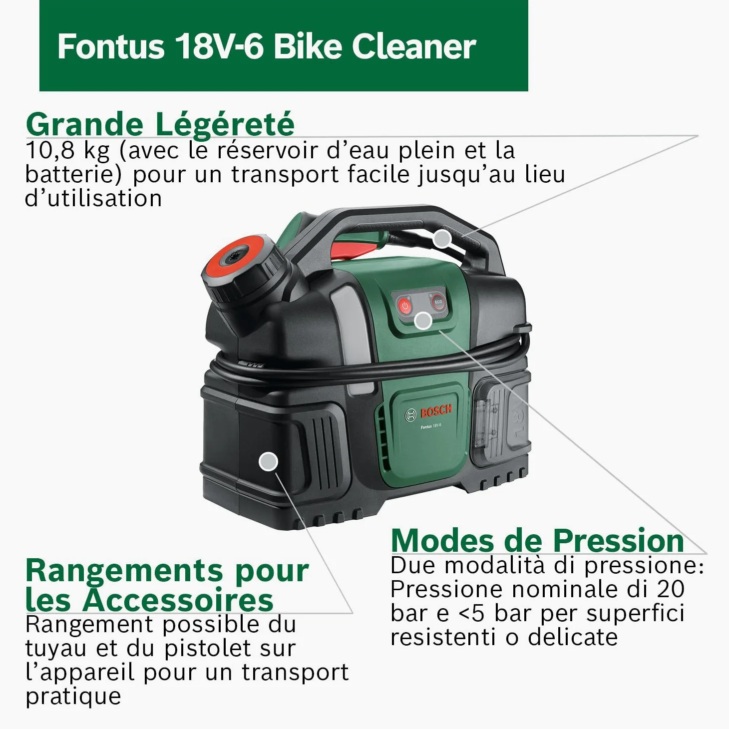 Bosch Nettoyeur haute pression portable Fontus 18V-6 pour vélo