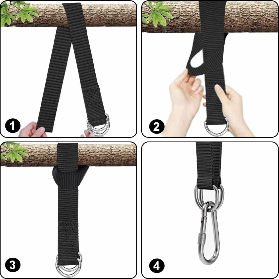Sangles de Hamac avec Mousquetons et Anneaux en D, Fixation Lourde pour Arbre, Camping, Patio