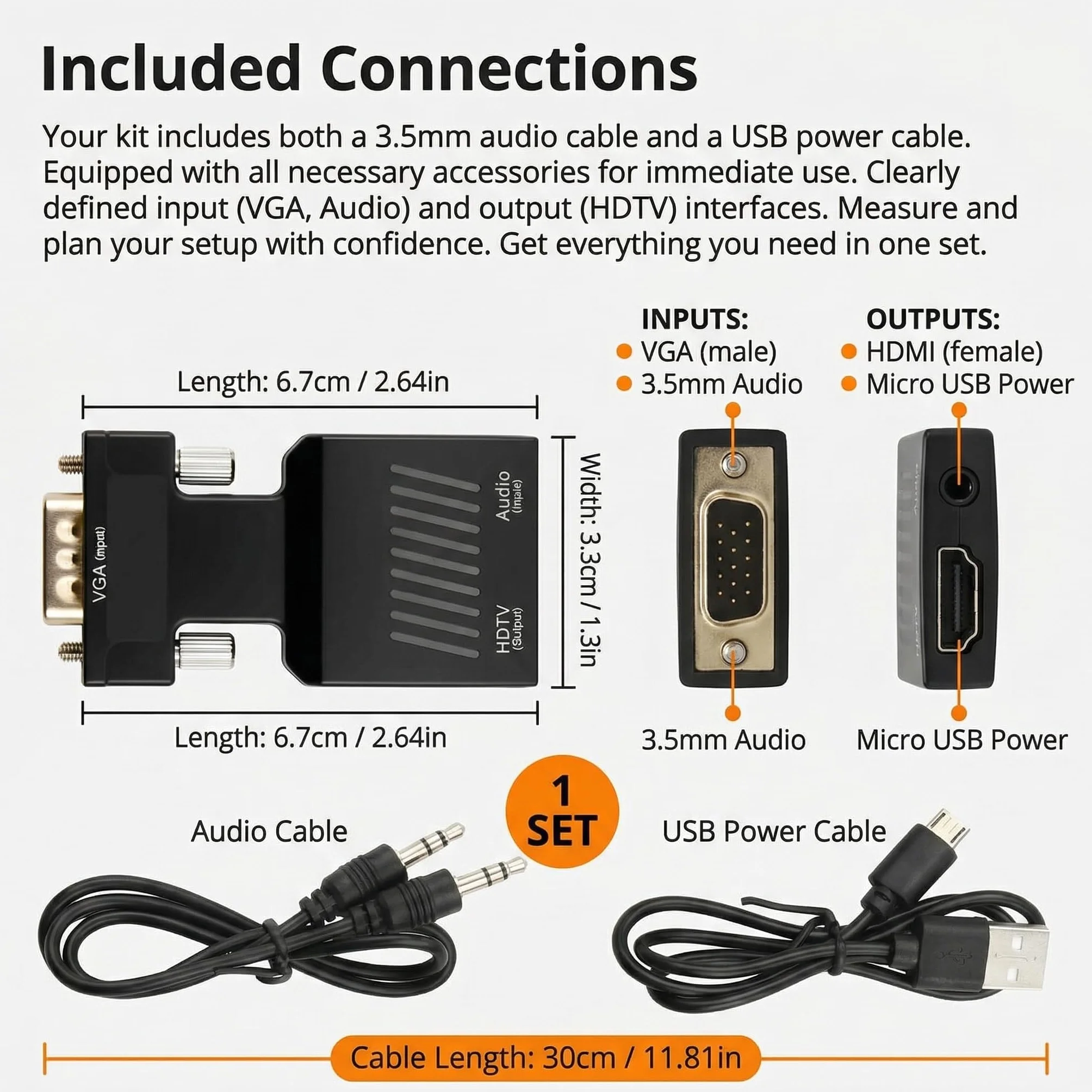 Adaptateur VGA vers HDMI 1080P 60Hz avec Câble Audio 3,5 mm Convertisseur Actif