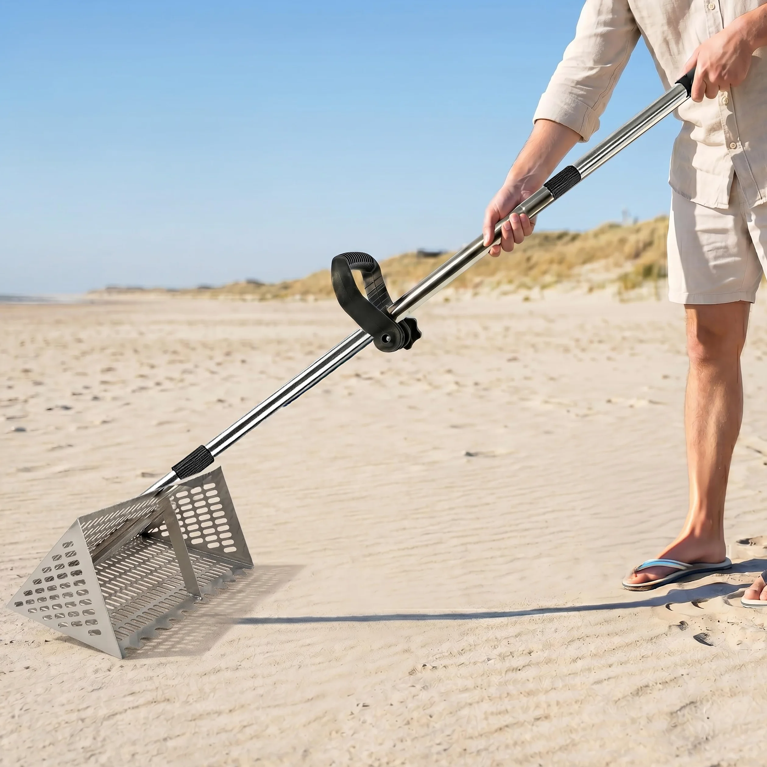 Râteau Plage Relaxdays, Tamis 40 cm, Manche 140 cm, Chasse au trésor/détecteur de métaux & pêche, INOX argenté