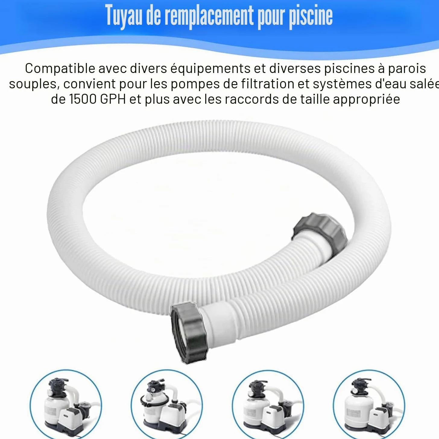 Lot de 2 tuyaux de piscine 38 mm, pour piscines hors-sol, 150 cm, avec 2 adaptateurs de tuyau de type B, tuyau de rechange pour piscine Intex, pompe à filtre