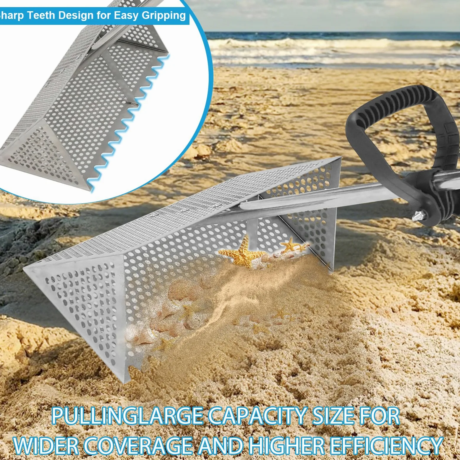 Râteau à puces de sable amovible à long manche pour plage à dents tranchantes - Panier large - Attrape-puces de sable en acier inoxydable - Attrape-crabes de sable pour les voyages