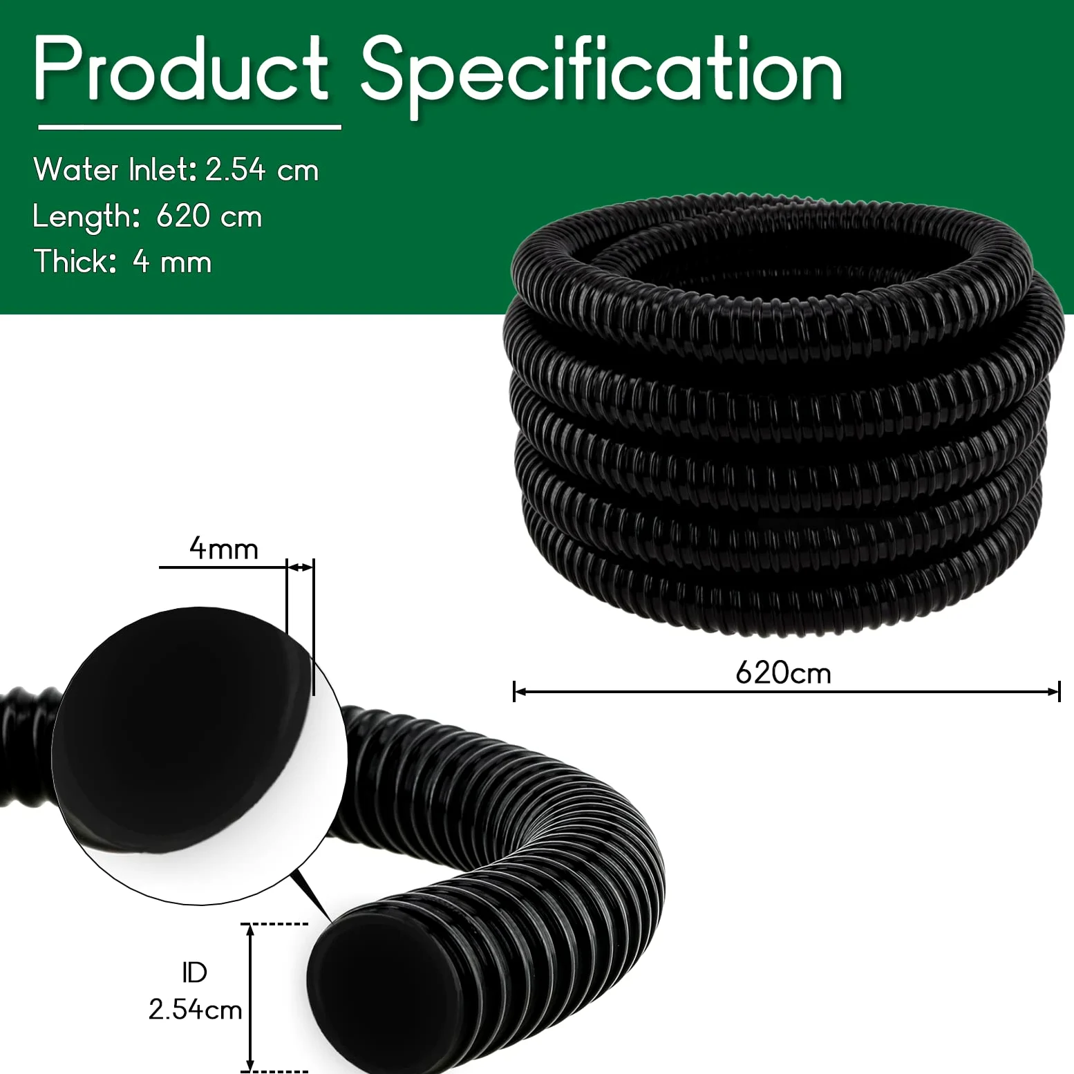 LONGRUN Tuyau étang 25 mm / 1 "5m, tuyau flexible ondulé avec raccords de tuyaux de pinces, tubes PVC PVC résistants aux UV pour les étangs de jardin cascades de camping filtres Drainage marins