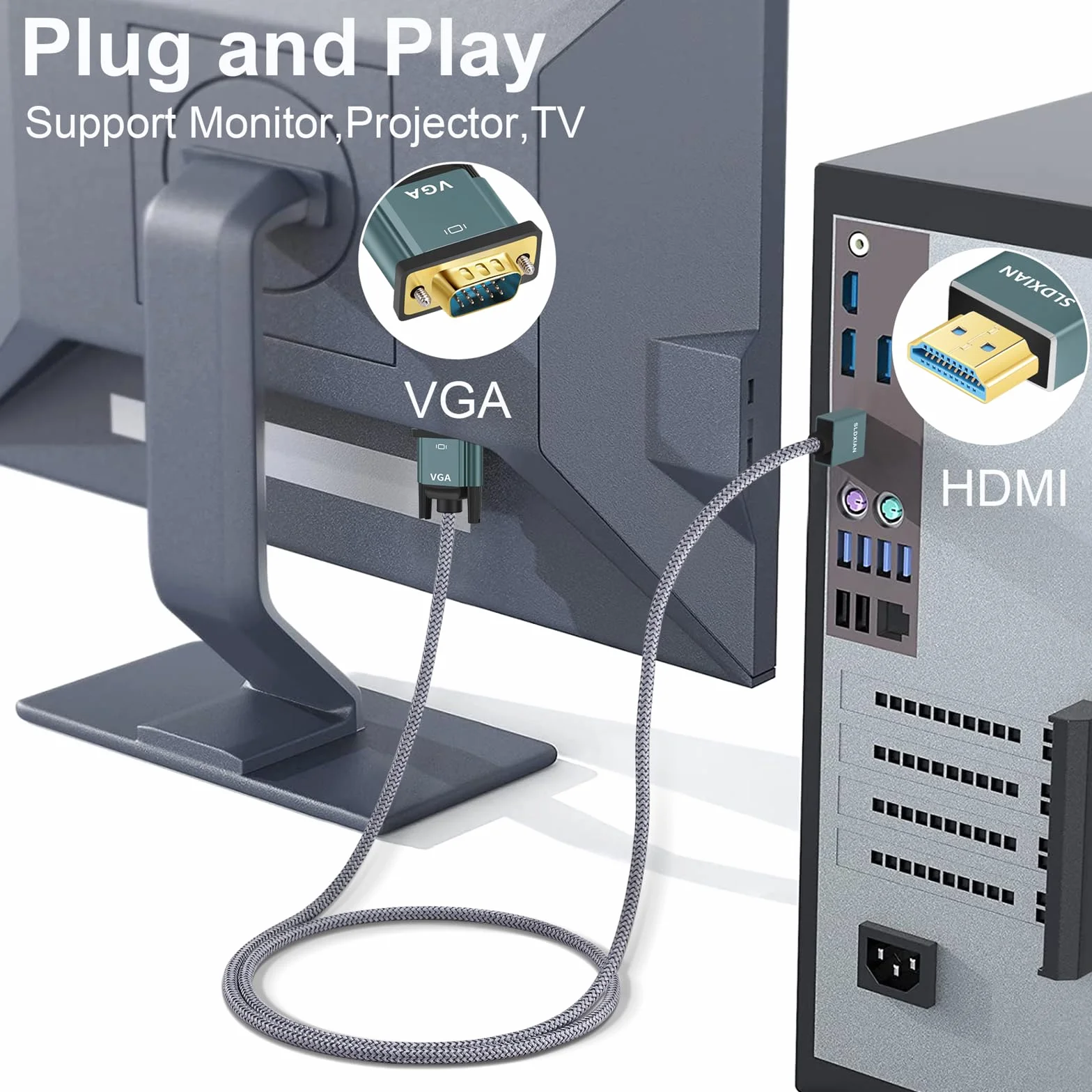 Câble adaptateur HDMI vers VGA 1080p mâle-mâle, alliage d'aluminium, plaqué or, tressé nylon 1M pour PC moniteur projecteur HDTV