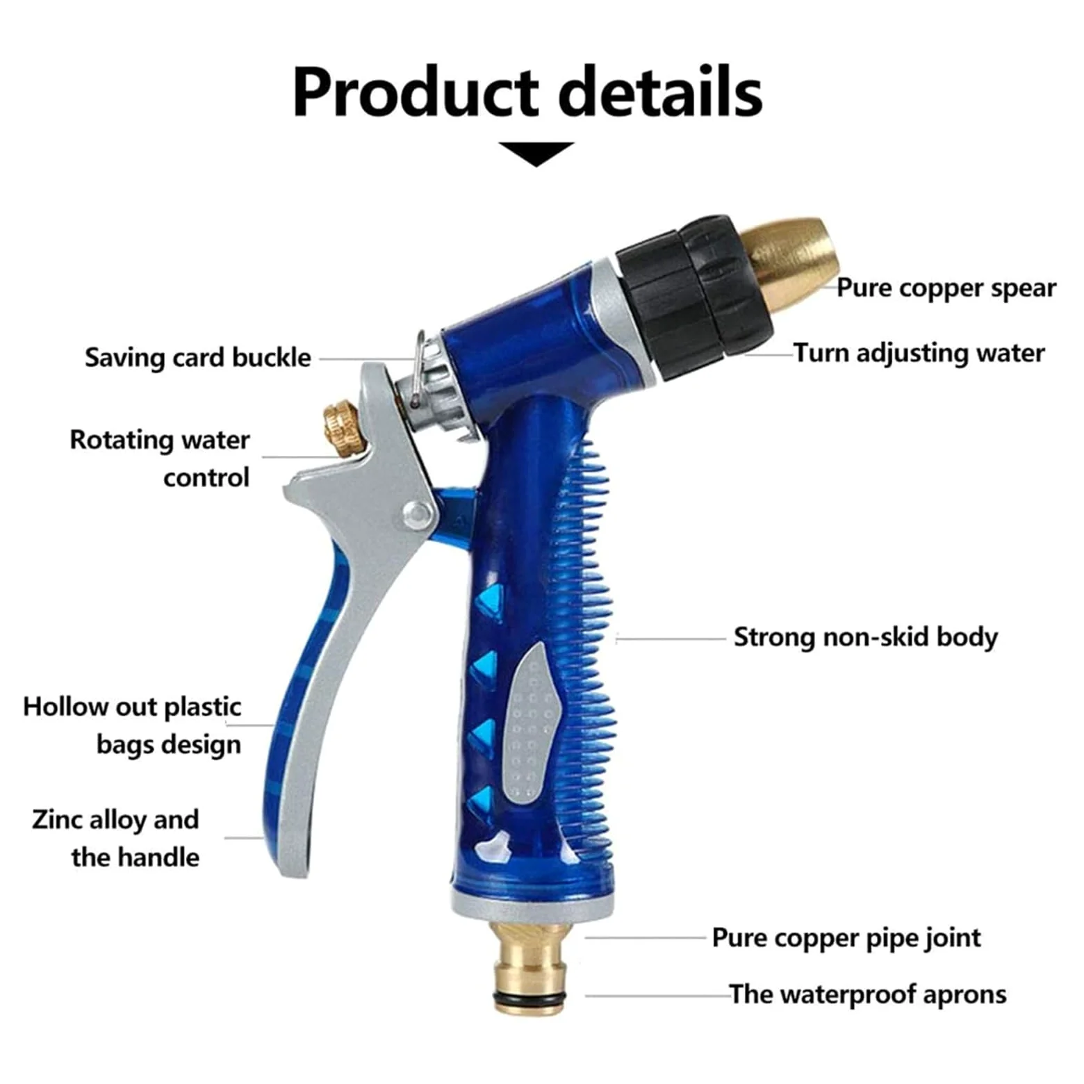 Pistolet d'arrosage avec embout multi-jets, Pulvérisateur d'eau multifonction réglable à haute pression for jardin, buse en laiton multicolore(White*10)