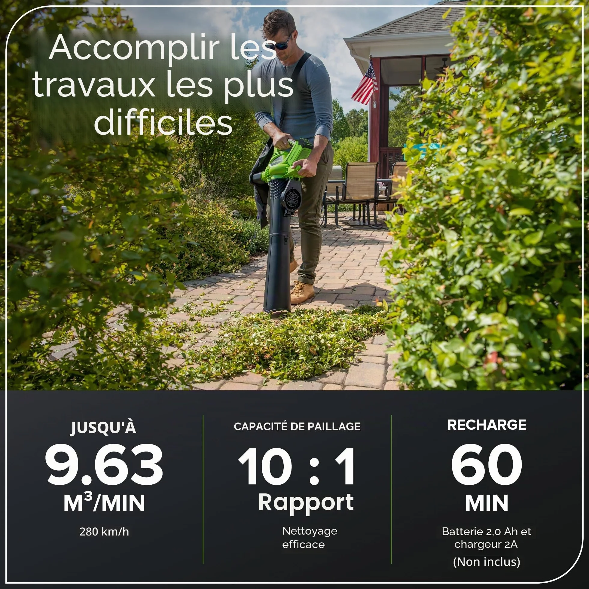 Greenworks GD40BV 40V Aspirateur Souffleur Sans Fil Sans Balais 280 km/h 9,63 m³/min Sac Mulching 45L