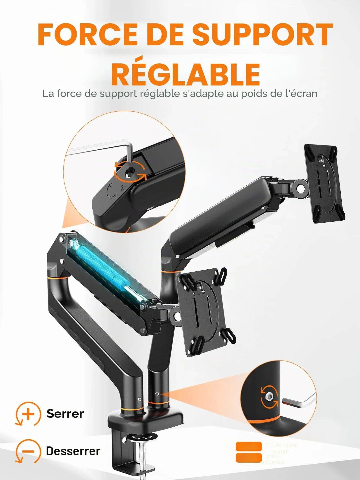 Ibergrif Bras Double Écran PC Support 2 Moniteurs 13-27 Pouces Bras à Gaz Réglable Hauteur Inclinaison Rotation 360° Charge 9 kg VESA 75/100mm