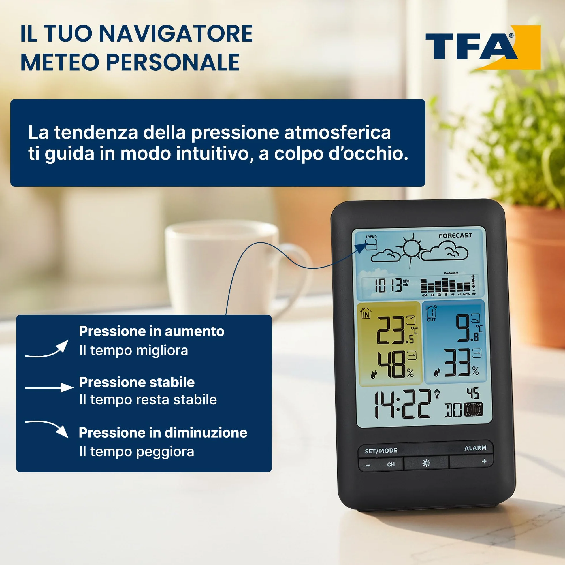TFA Dostmann Station météo sans fil, 35.1165.01, prévisions météo avec symboles, pression atmosphérique avec graphique, phase de lune, horloge, valeurs max et min, en exclusivité sur Amazon, noir