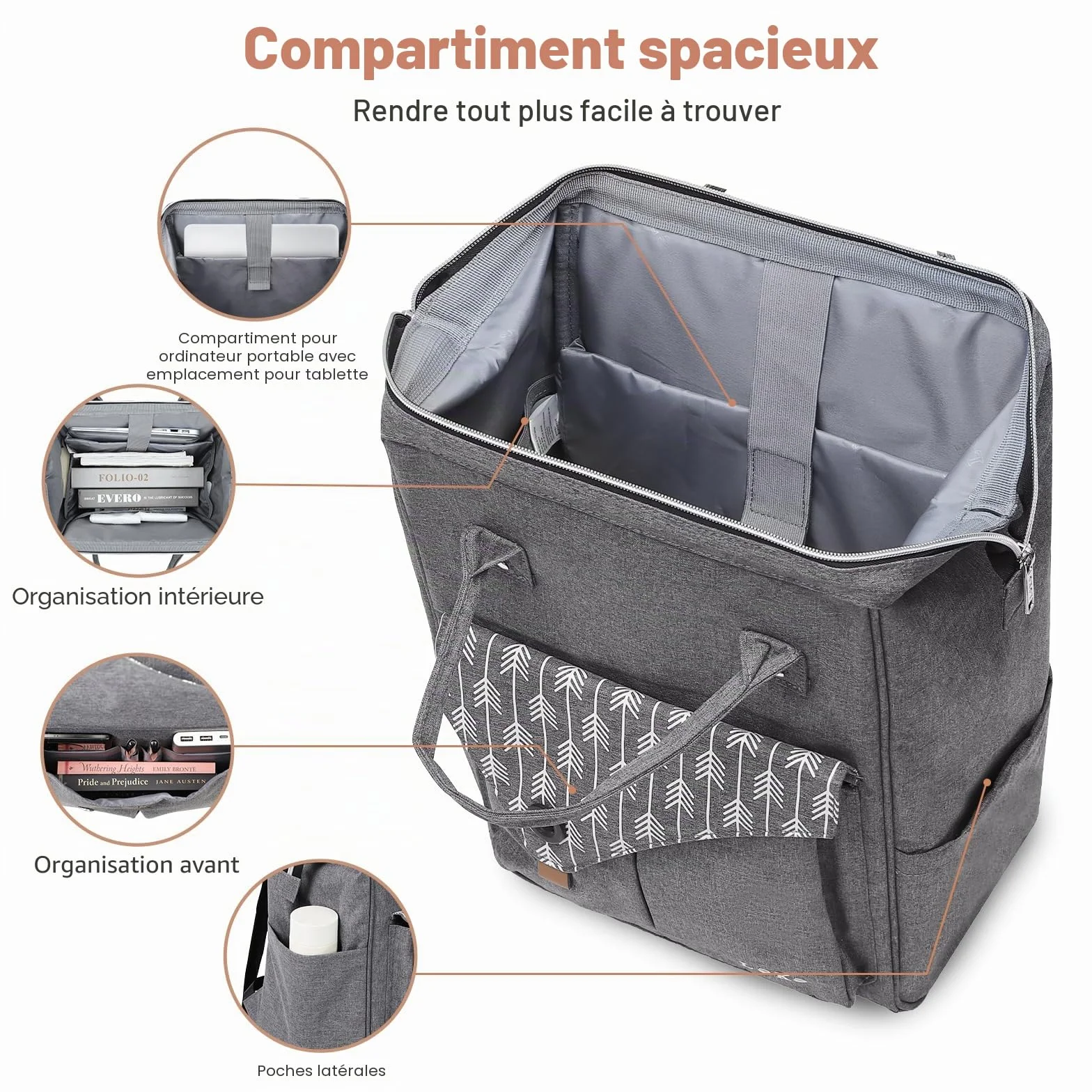 Lekesky Sac à Dos Ordinateur Portable Femme 15.6 Pouces Antivol Imperméable Gris/Noir