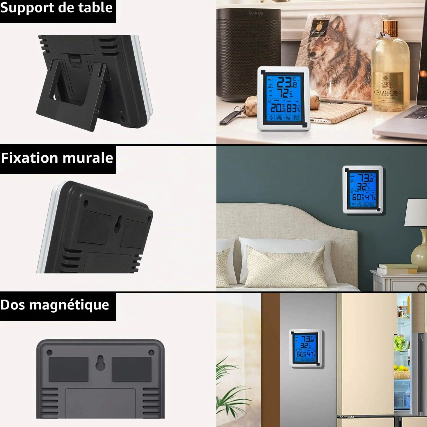 ThreeH Thermomètre extérieur Intérieur Hygromètre Numérique avec 3 Capteurs sans fil Jauge d'humidité Moniteur Température Précis avec Rétroéclairage LCD à écran tactile (3 capteurs)