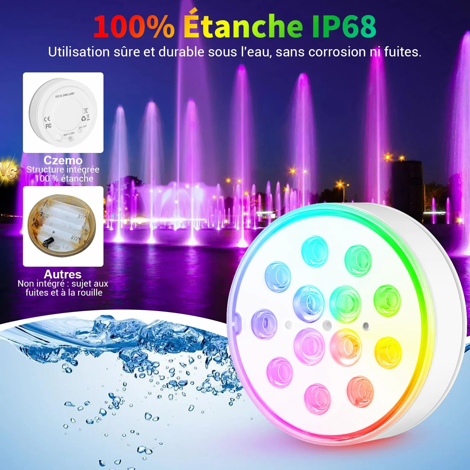 Czemo Lumière LED Submersible Rechargeable avec Télécommande Étanche IP68 Étanches pour Aquariums, Baignoire, Étangs (Multicolore-4 pièces)