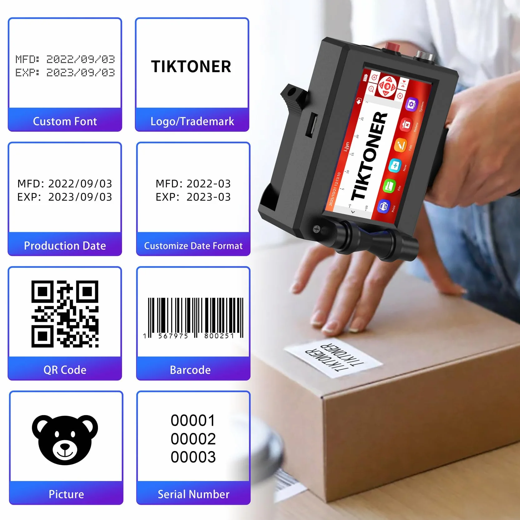 Imprimante à jet d'encre portable 127T2, 2,5 cm, écran LED 11,9 cm, cartouche séchage rapide, codage QR date logo code-barres