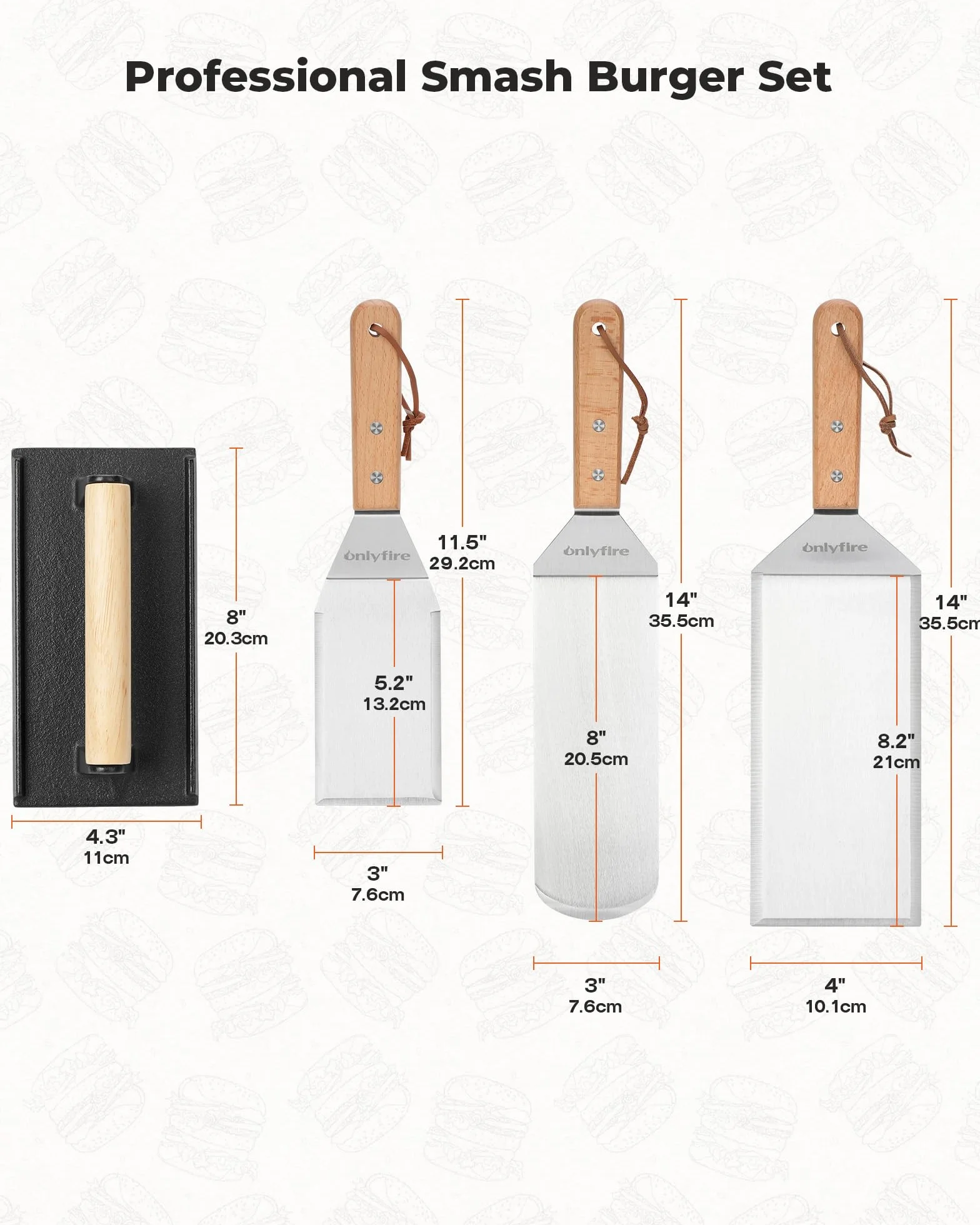 Onlyfire 4 Pièces Ustensiles Plancha Acier Inoxydable Spatule Poids Barbecue Fonte Poignée Bois Professionnel BBQ Kit Teppanyaki
