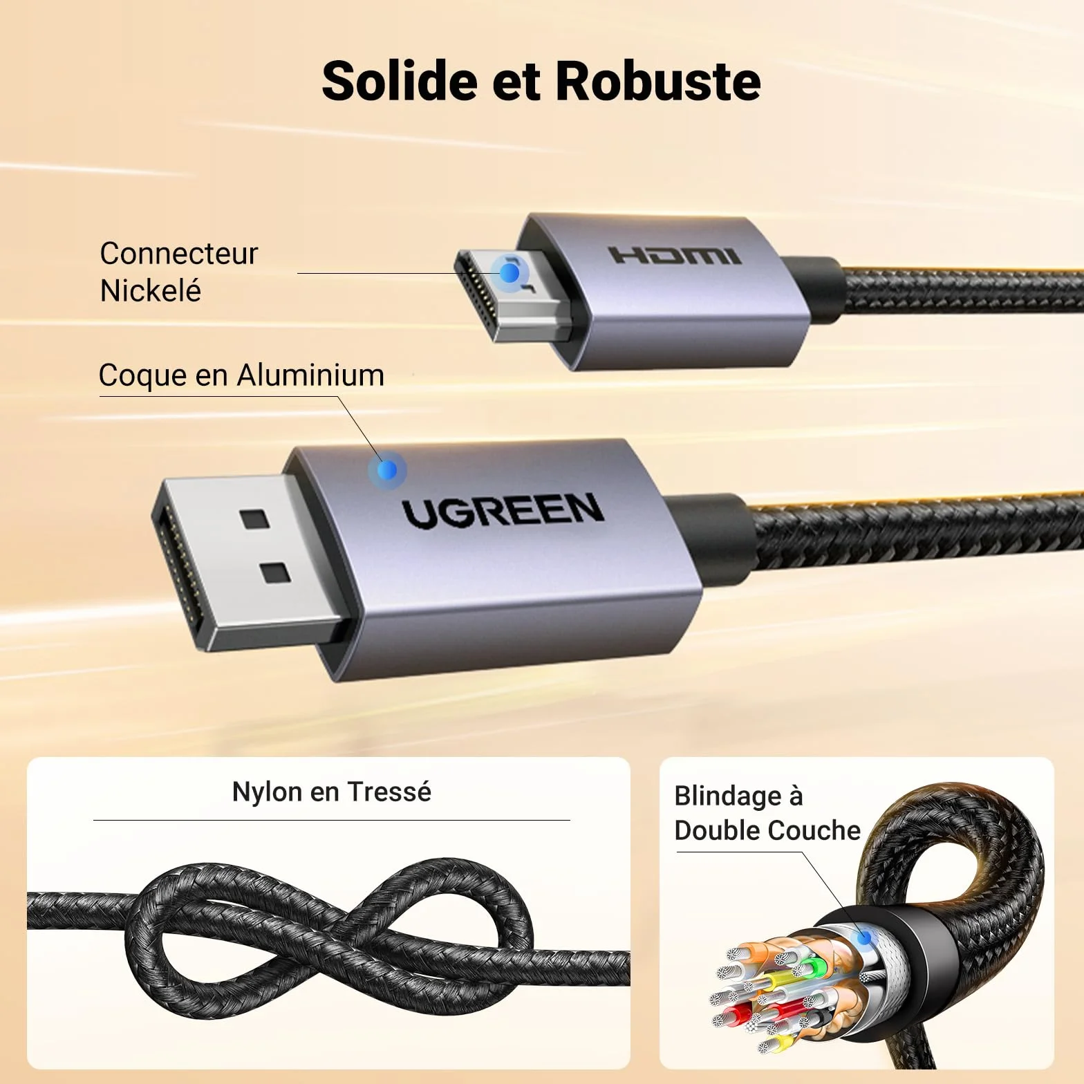 UGREEN Câble DisplayPort vers HDMI 4K 30Hz 2K 60Hz 1080P 120Hz 1.4 10.2 Gbps HDR HDCP Nylon Tressé 2M