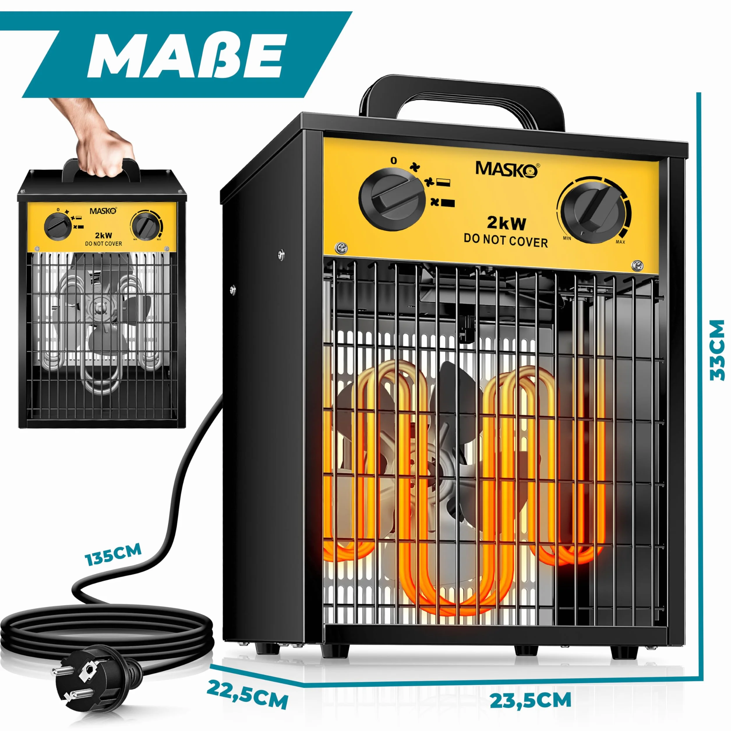 Masko Chauffage électrique 2kW avec thermostat intégré 2000W 3 niveaux chauffage ventilateur protection surcharges