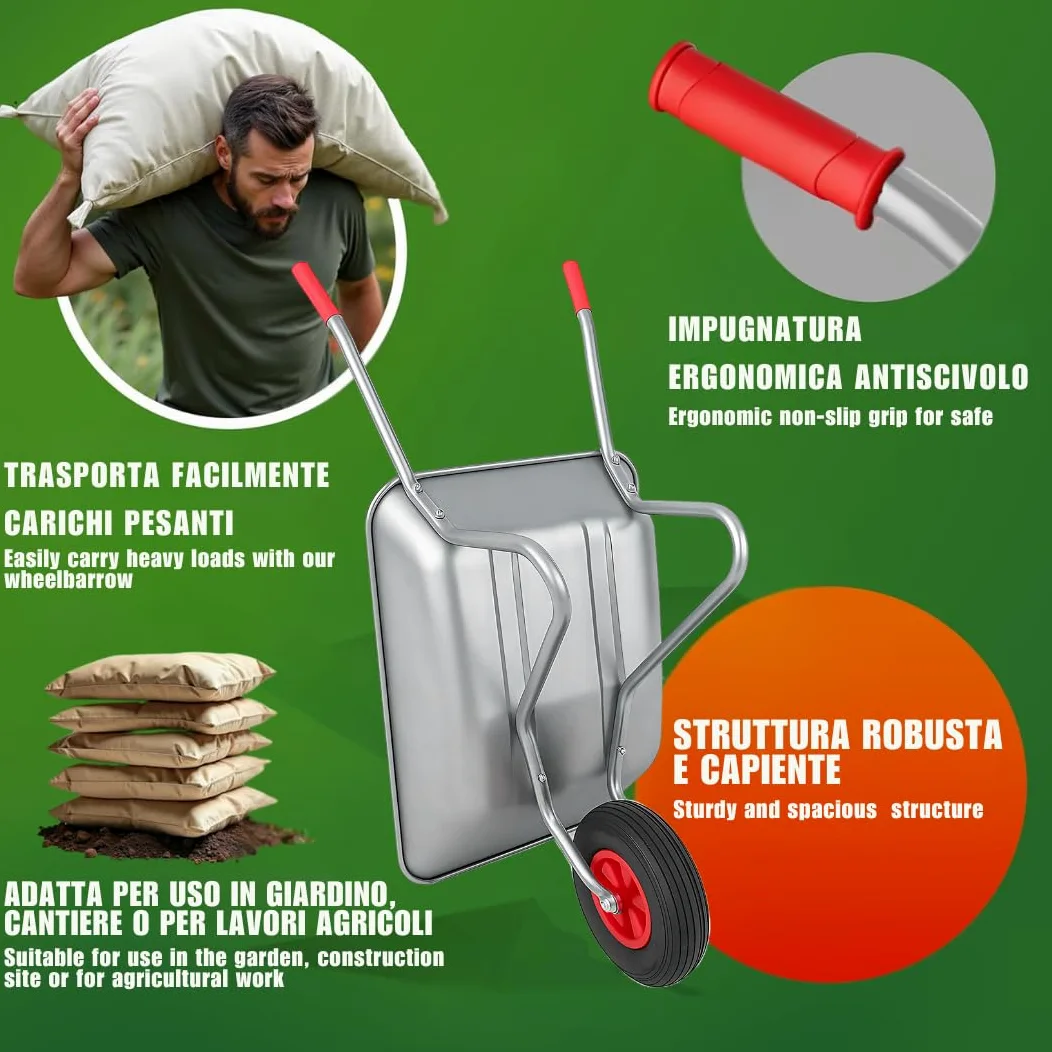 Brouette de Jardin 65L - Cadre en Acier galvanisé, Roue pneumatique 4.00-6 Chambre à air, Charge 80 kg - Idéal pour Jardin, écurie, Chantier Naval
