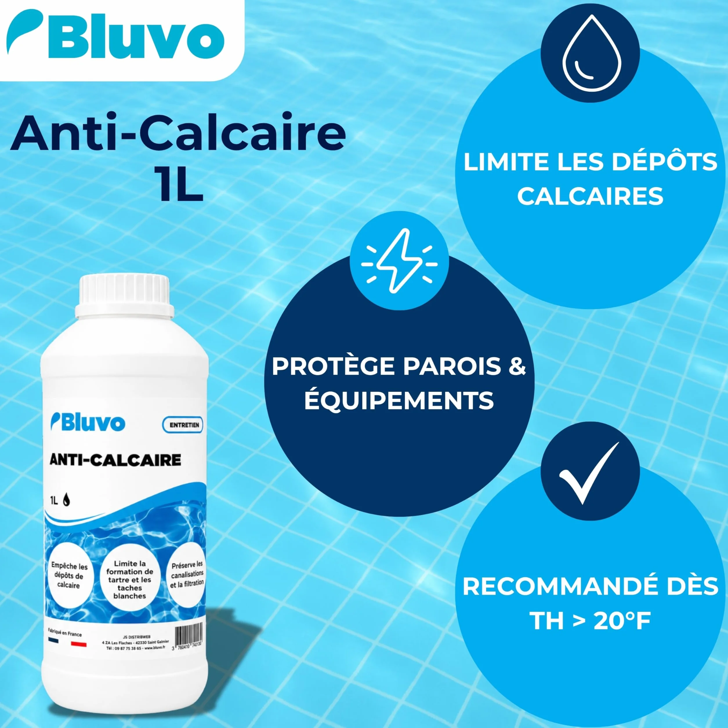 Bluvo Anti Calcaire Piscine et Spa – Traitement Préventif 1L Fabriqué en France