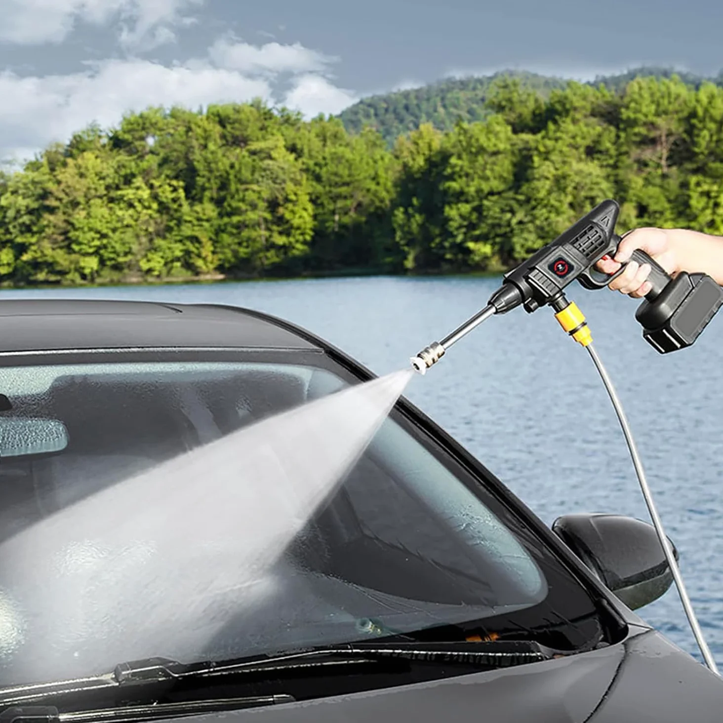 Nettoyeur Haute Pression sur Batterie, Max 50Bar Nettoyeur Haute Pression sans Fil avec Moteur Haute Puissance et Buse Multifonction 6 en 1 pour Lavage et Arrosage de Voiture (30000mah)