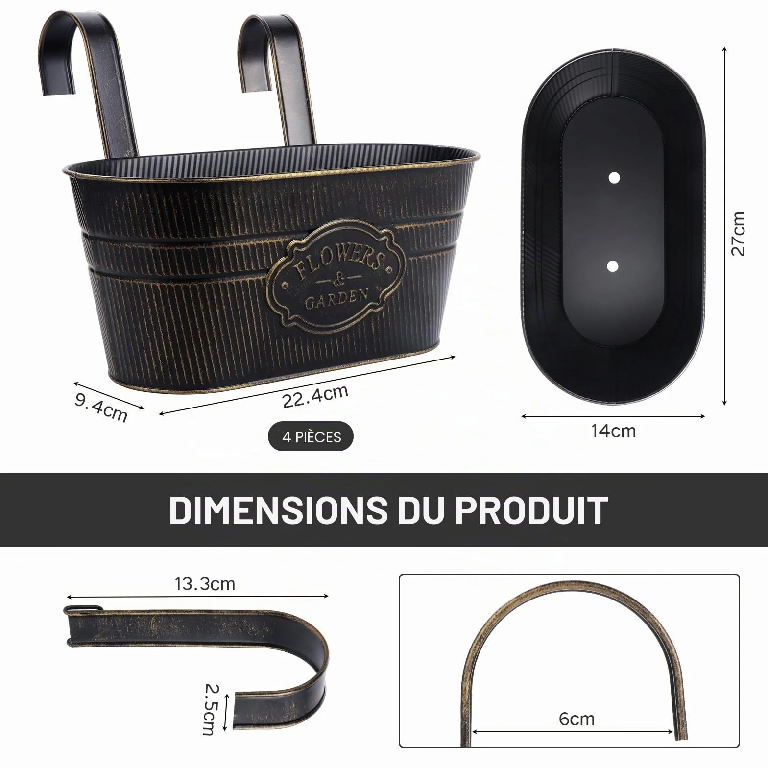 Lot de 4 Jardinières Suspendues Métal avec Crochets Amovibles pour Plantes Balcon Jardin