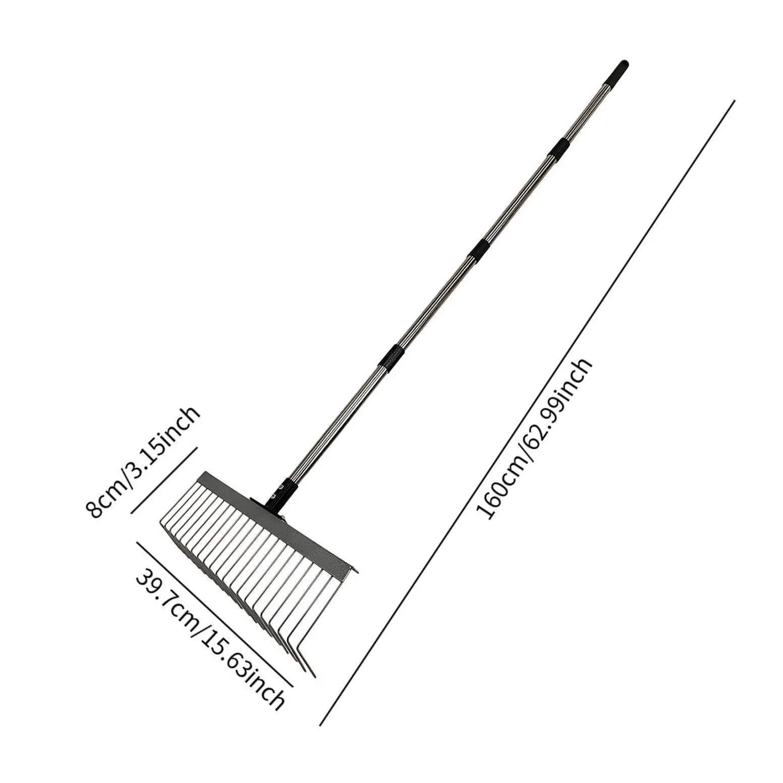 Râteau Feuilles Jardin 21 Dents Lames Acier Alliage Manche Ergonomique Amovible Polyvalent Ramassage Feuilles Herbe Débris Convient Jardin Ferme, 125 Cm 3 Sections