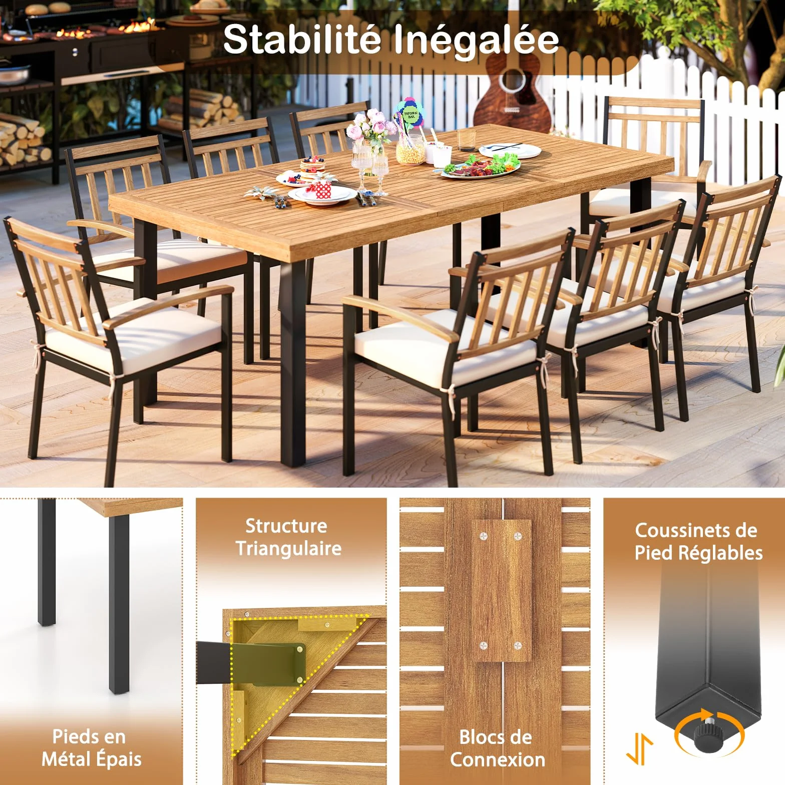 GOPLUS Table de Salle à Manger en Bois d'Acacia FSC 200 x 100 x 75 cm pour 8 Personnes avec Trou pour Parasol