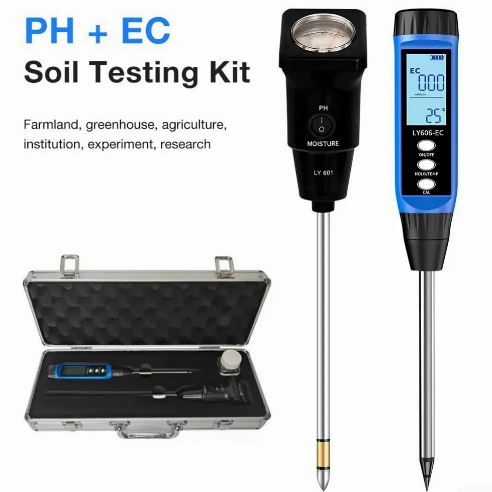 Testeur numérique de pH et de conductivité, 3-14pH et 0-19,99 mS/cm Testeur de sol avec écran LCD, compensation automatique de la température, sonde portable pour agriculture de jardin agricole