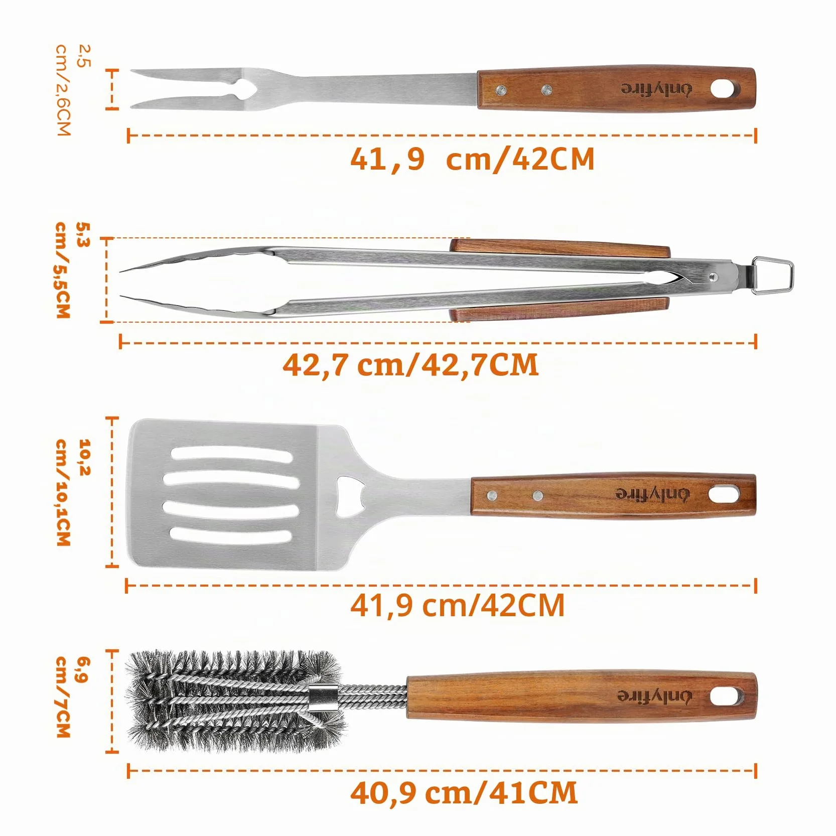 Onlyfire Set de Ustensiles pour Barbecue en Acier Inoxydable, 4 Pièces avec Poignées en Bois