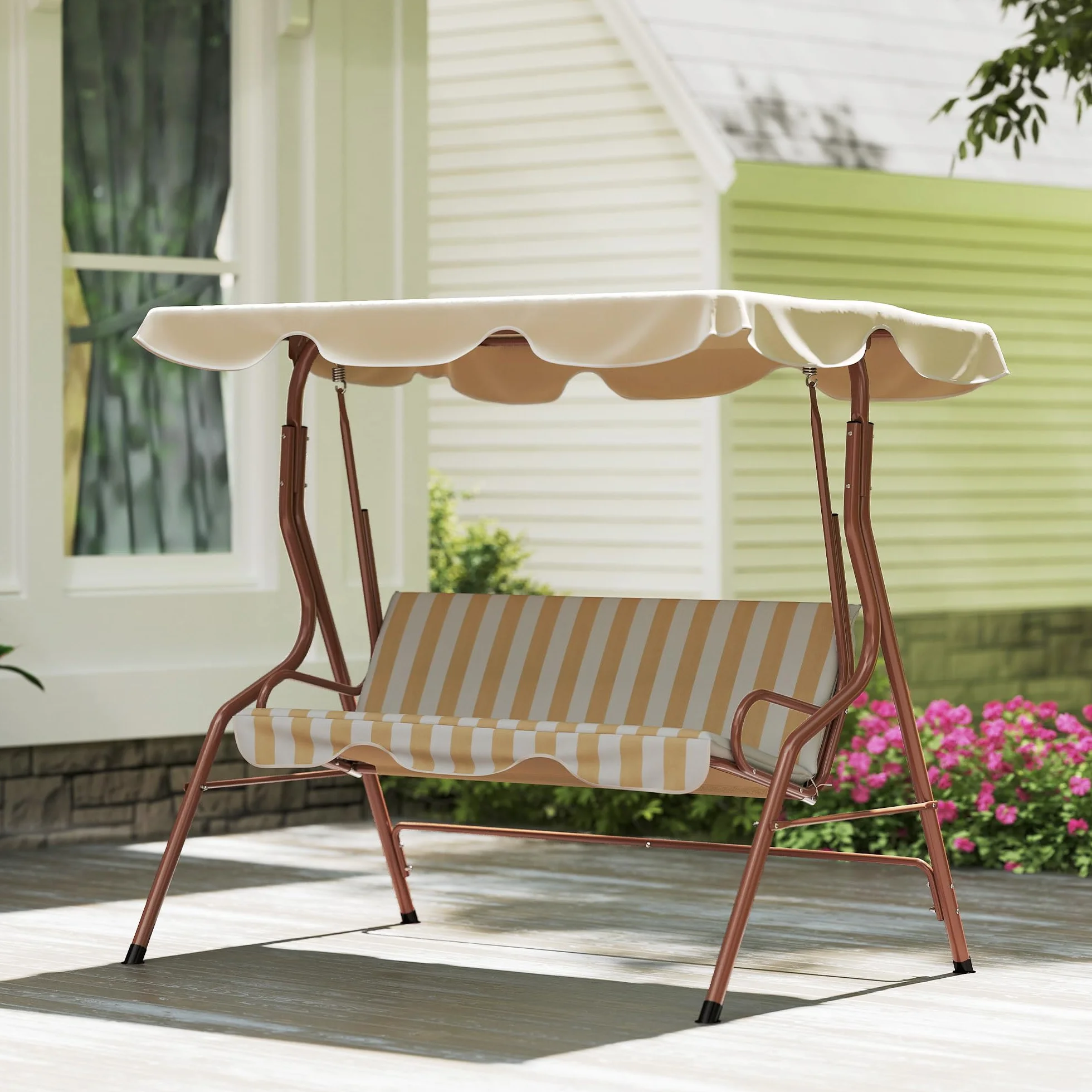 Outsunny Balancelle de Jardin 3 Places Toit imperméabilisé Inclinaison réglable Acier Polyester Marron crème rayé