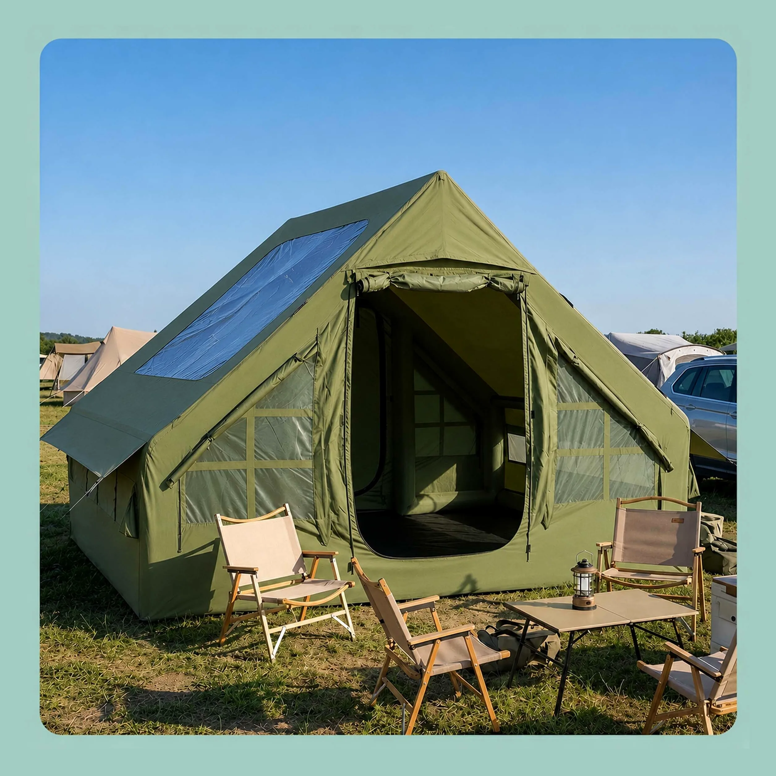 Relaxdays Tente de Camping Gonflable 200x300x210 cm, Montage Rapide, Verte | Tente gonflable étanche, moustiquaire, pompe
