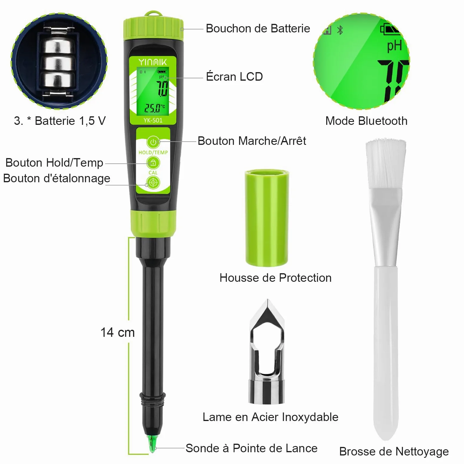 YINMIK Testeur de pH du Sol pour Jardiniers avec Sonde Supplémentaire | pH-Mètre Numérique pour Terre de Jardin, Mesure du pH de la Solution de Terreau, pH Mètre pour Sol, Hydroponie, Plante