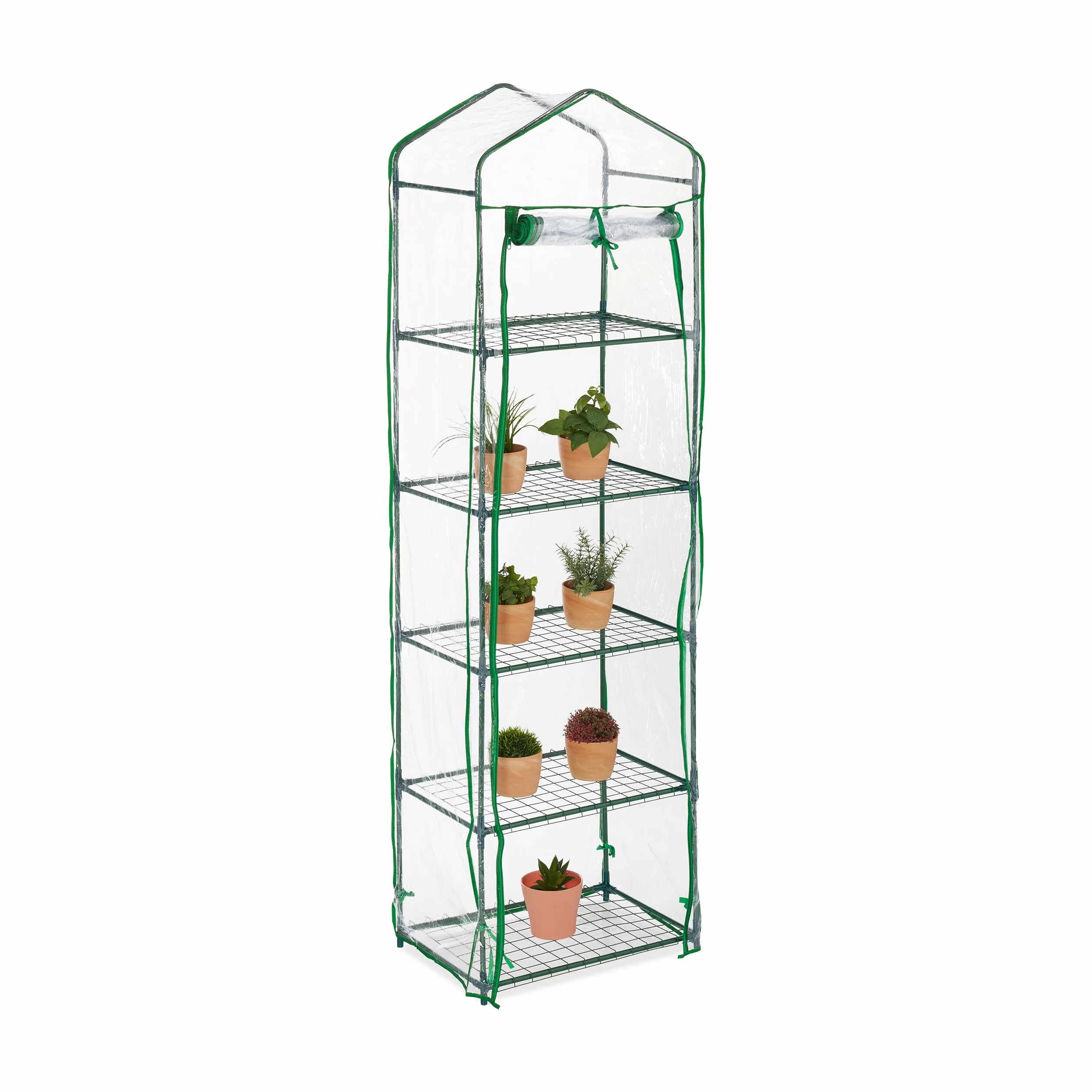 Relaxdays Serre de Balcon, 5 étagères, Fer, bâche en PVC, H x L x P : 193 x 58 x 36 cm, Transparent et Vert