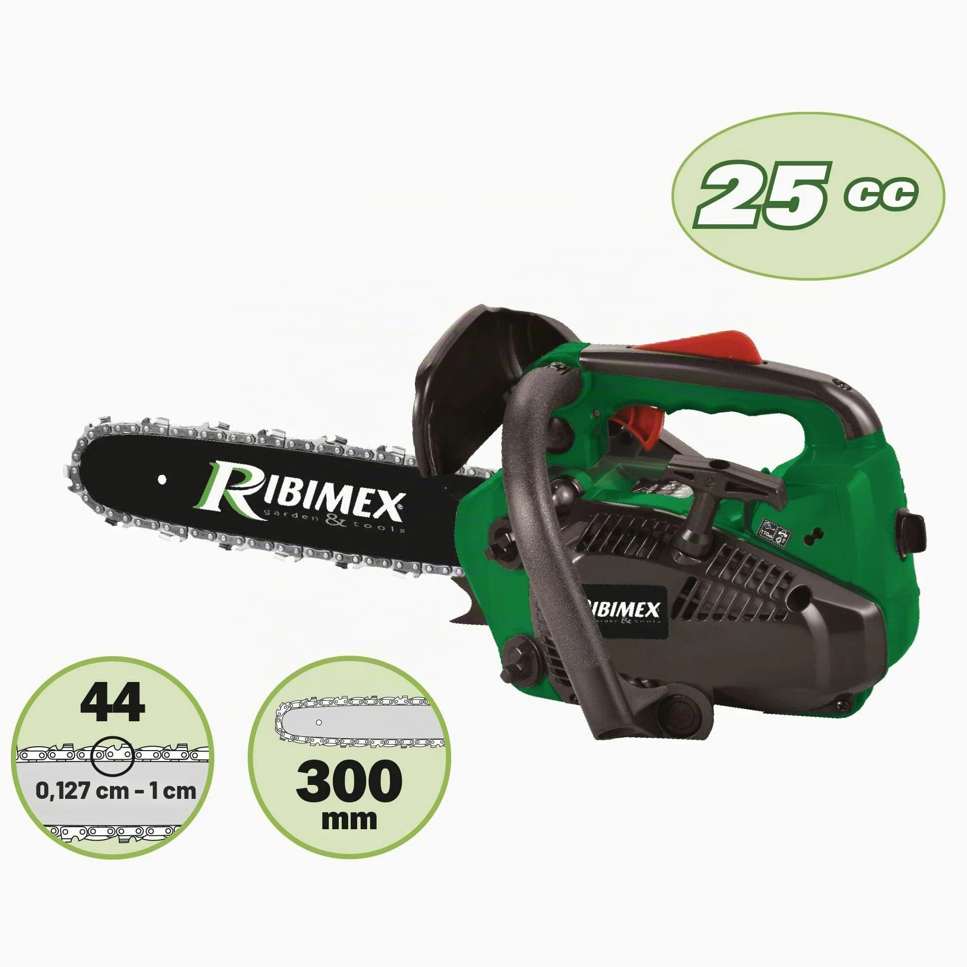 Ribimex Tronçonneuse à élagage 25,4 cc, lame de 300 mm, 1,07 HP à 11 000 tr/min, lubrification automatique, vitesse chaîne 21 m/s, démarrage manuel, accessoires inclus - PRTRT301