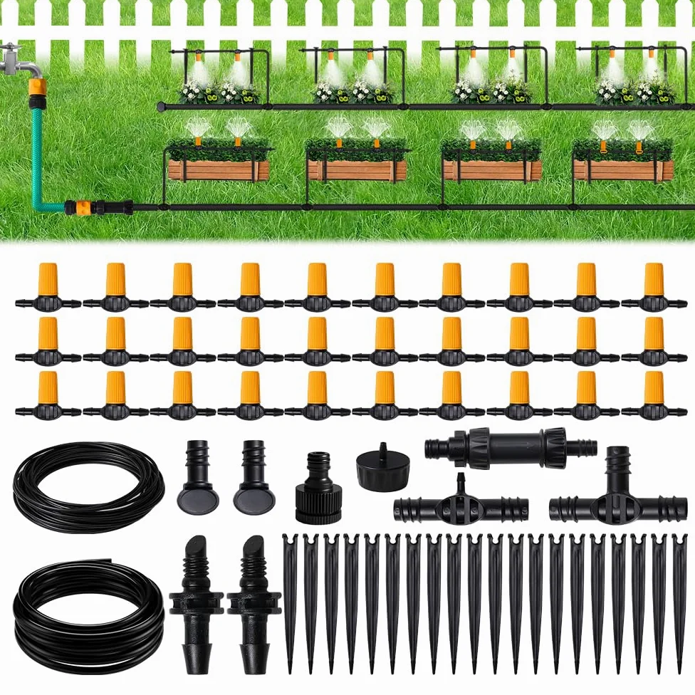 Hoteche Système d'irrigation goutte à goutte avec 30 goutteurs réglables, tuyau de 20 m, adaptateur et accessoires pour jardin/serre