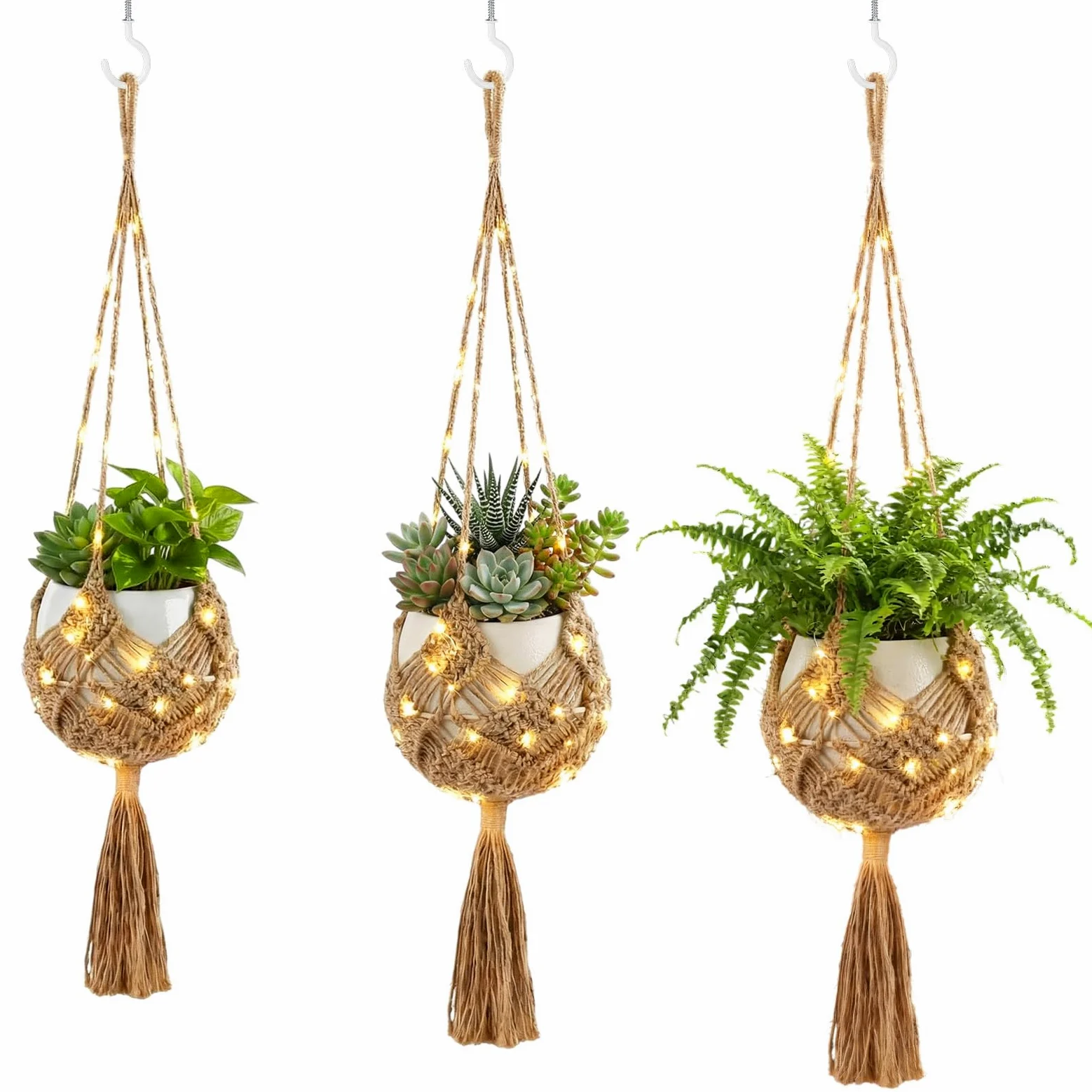 Sliner Lot de 3 cintres longs en jute pour plantes macramé avec lumières et crochets - Paniers suspendus bohème pour intérieur et extérieur - 3 tailles différentes