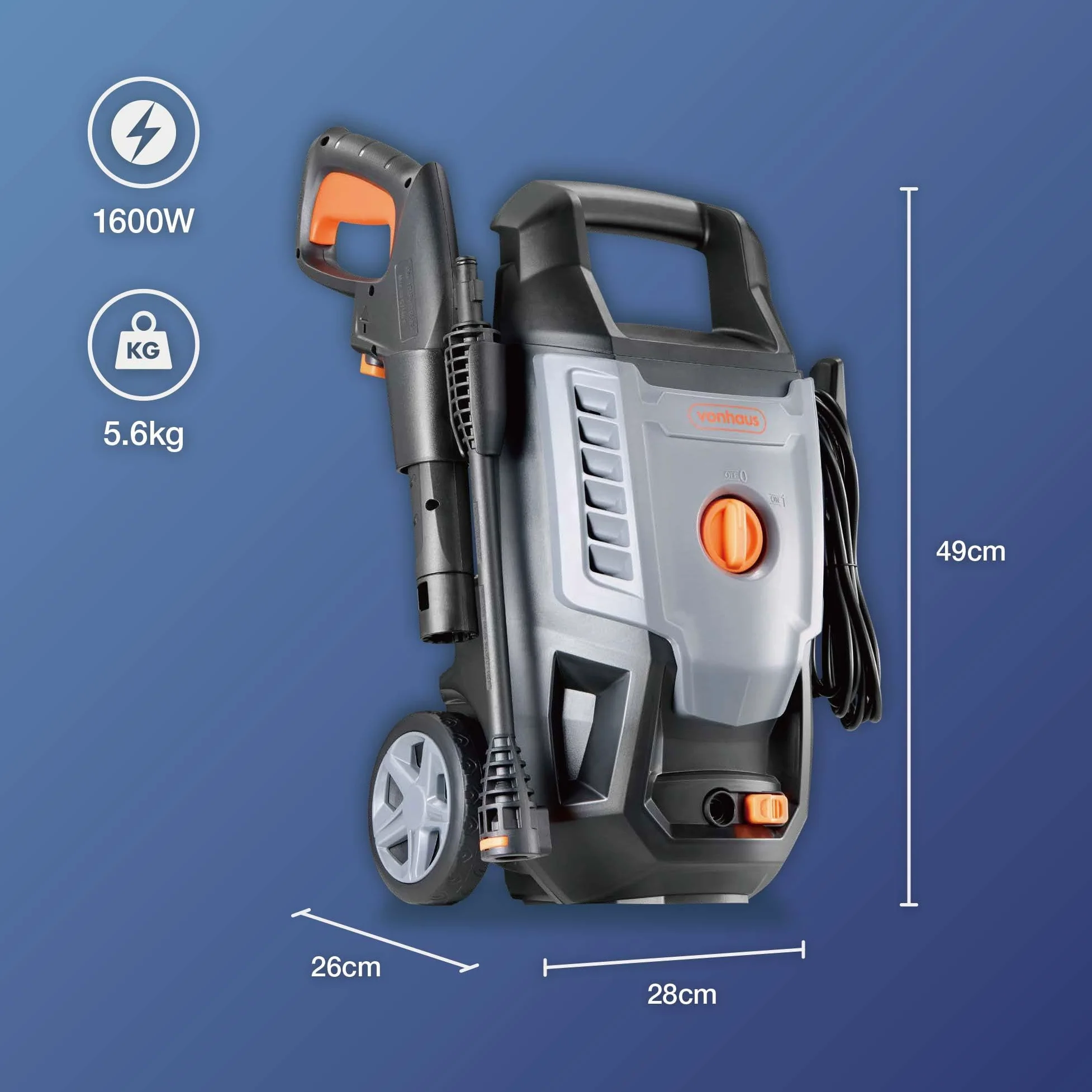 VonHaus Nettoyeur Haute Pression 1600 W, Ensemble de 7 Accessoires Inclus | Pression max. 130 bars, Débit 390 l/h, 5m Tuyau, Portable pour Terrasse, Jardin, Voiture et plus encore