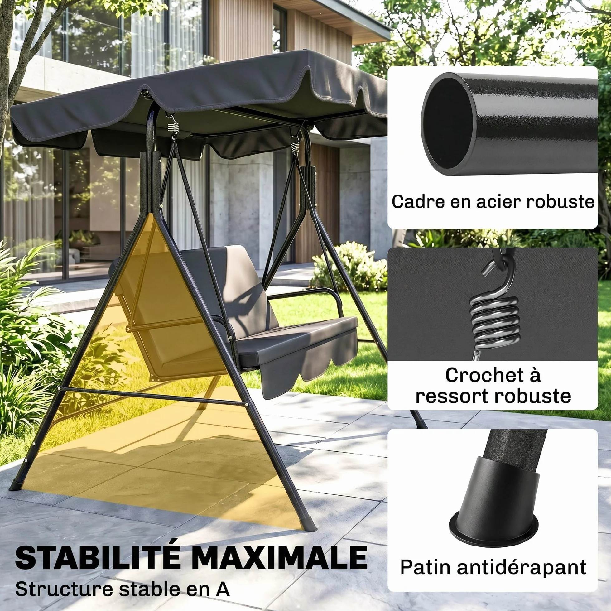 Outsunny Balancelle de Jardin 3 Places Toit Inclinaison réglable Acier Noir