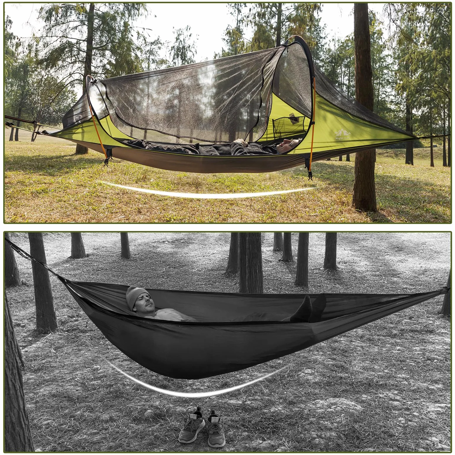 Night Cat Camping Hamac Tente: 1 Personne Fond Plat Hamac avec Moustiquire imperméable pour Bivouac Randonnée Jardin