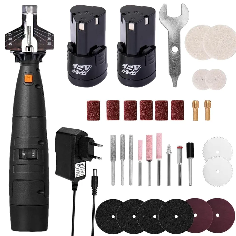 Kit d'affûtage de chaînes de tronçonneuse électrique sans fil avec 2 piles ensemble d'outils d'affûtage 20000 tr/min Sierra multifonction Maquina (Noir)