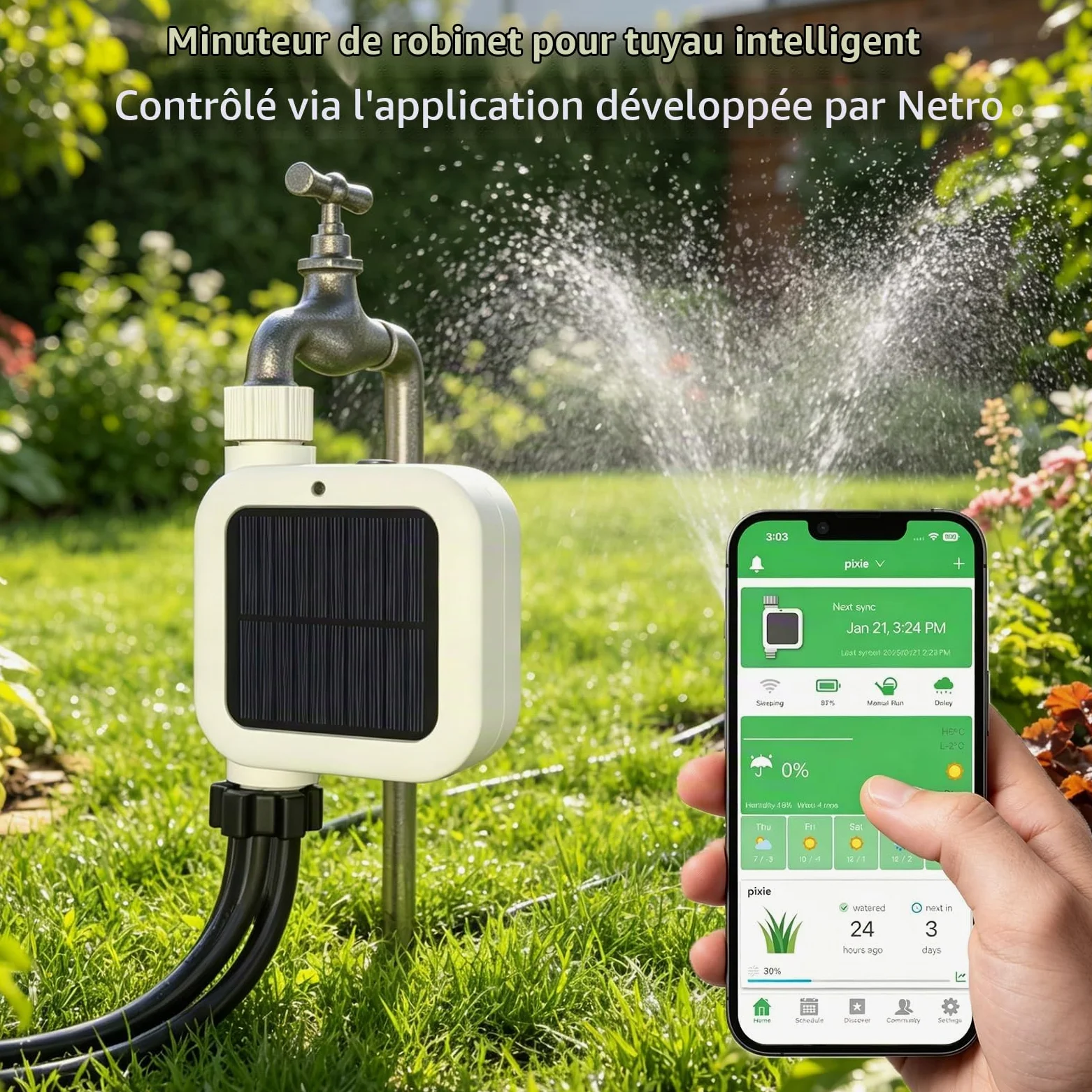 Netro Pixie Minuterie Intelligente pour Tuyau, Connexion WiFi, Alimentation Solaire, S’adapte aux intempéries