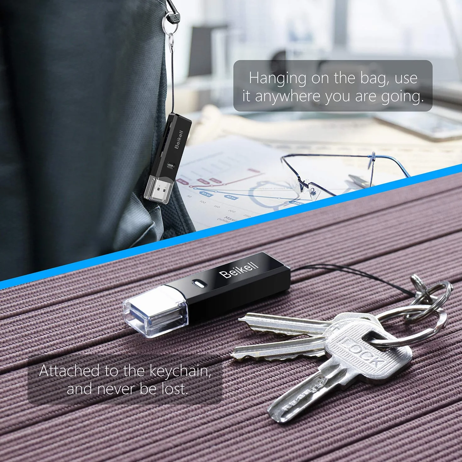 Beikell Lecteur de Carte USB 3.0, Lecteur de Carte Mémoire SD/Micro SD Haute Vitesse Noir