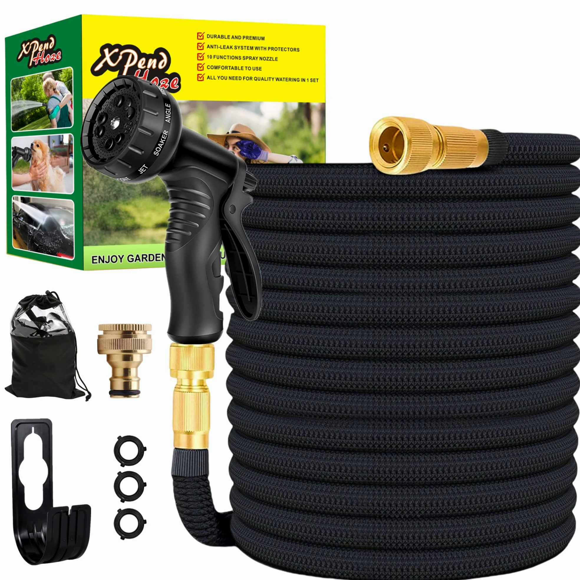 Tuyau d'arrosage flexible, 22,5 m/30 m, extensible, avec 10 fonctions de pulvérisation, adaptateurs rapides et support mural, adaptateur pour 1/2" 3/4" et support mural