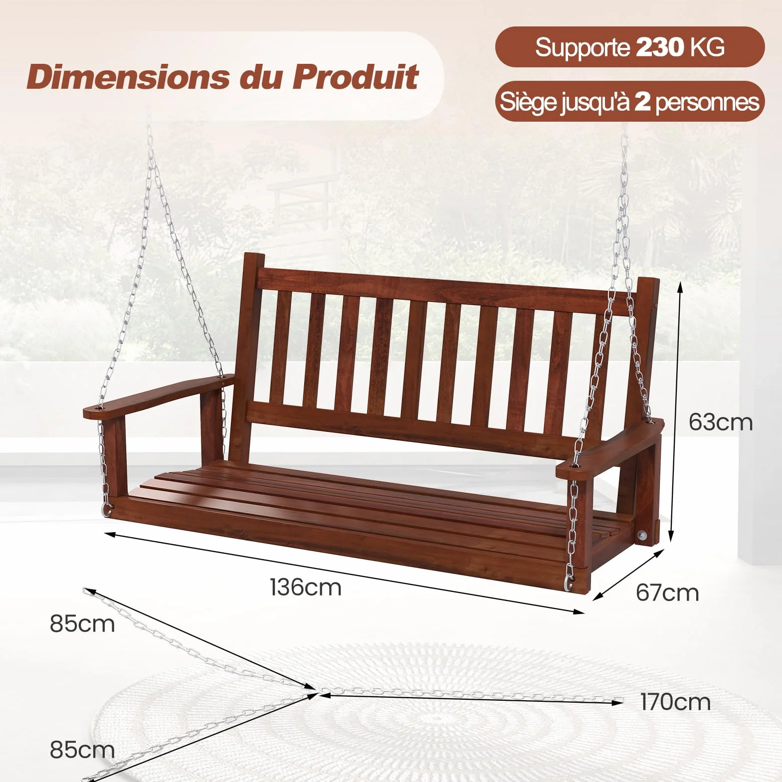 GOPLUS Balançelle Jardin 2/3 Places Extérieur Chaise Hamac Suspension Bois 230/360KG 136x67x63CM Marron