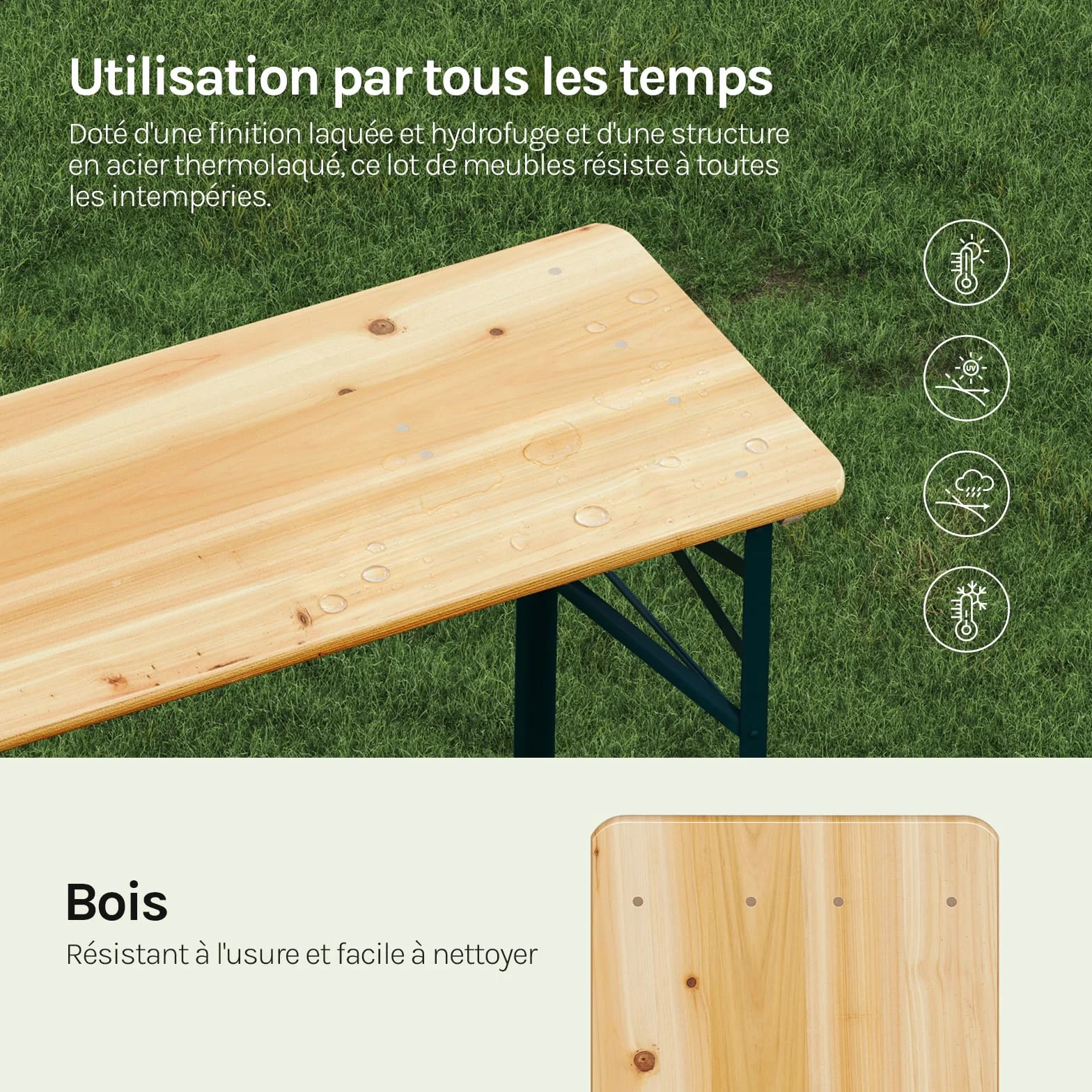 WOLTU Ensemble de Table et Banc de Brasserie 3 Pièces Table Pliante Extérieure avec 2 Bancs Pliables en Bois et Métal