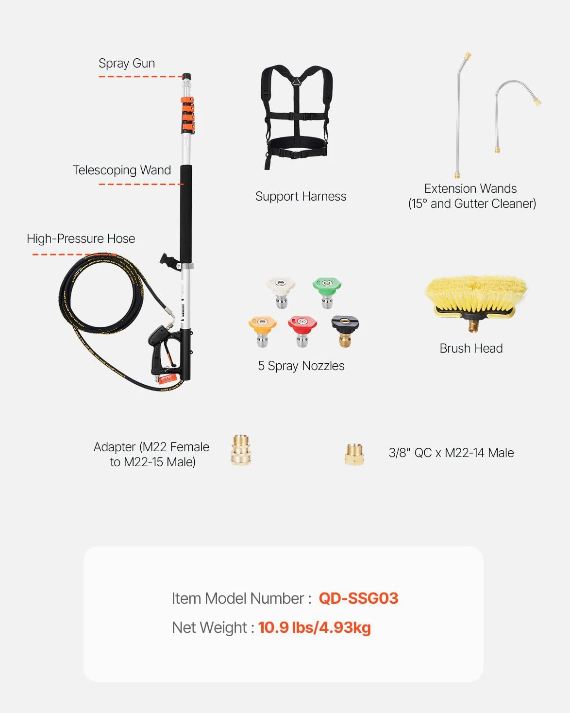 VEVOR Lance Télescopique pour Nettoyeur Haute Pression 5437 mm, Baguette Pulvérisation Télescopique 4000 psi avec Rallonges, Tête de Brosse, 5 Buses, Adaptateur, Ceinture de Support, pour Gouttière