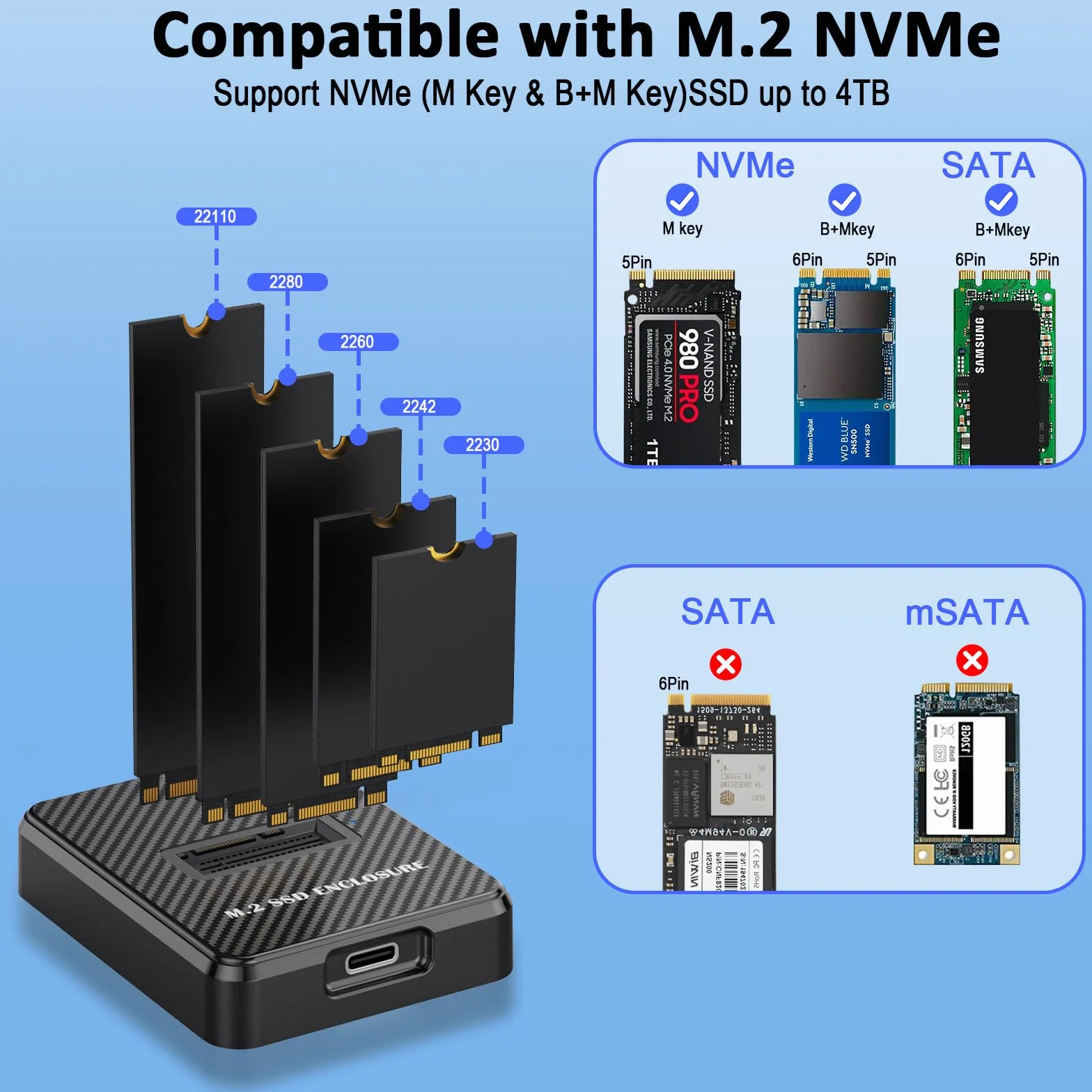 Station d'accueil M.2 NVMe SATA vers USB C 10 Gbit/s, adaptateur lecteur SSD externe pour clés M B+M 2280 2260 2242 2230