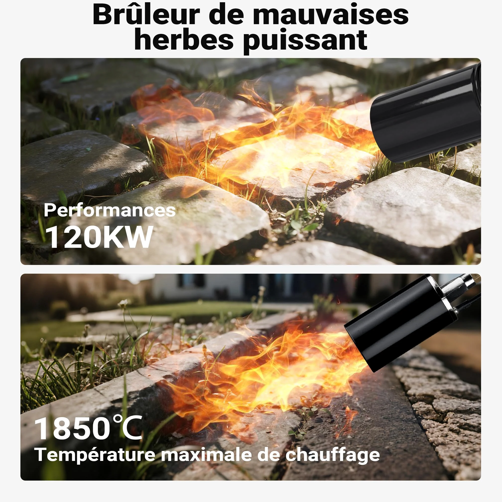 Wiltec Brûleur de mauvaises herbes avec allumeur piézoélectrique jusqu'à 1850 °C dispositif de combustion de 120 kW, appareil de flammage pour mauvaises herbes, brûleur de toiture avec tuyau de 5 m