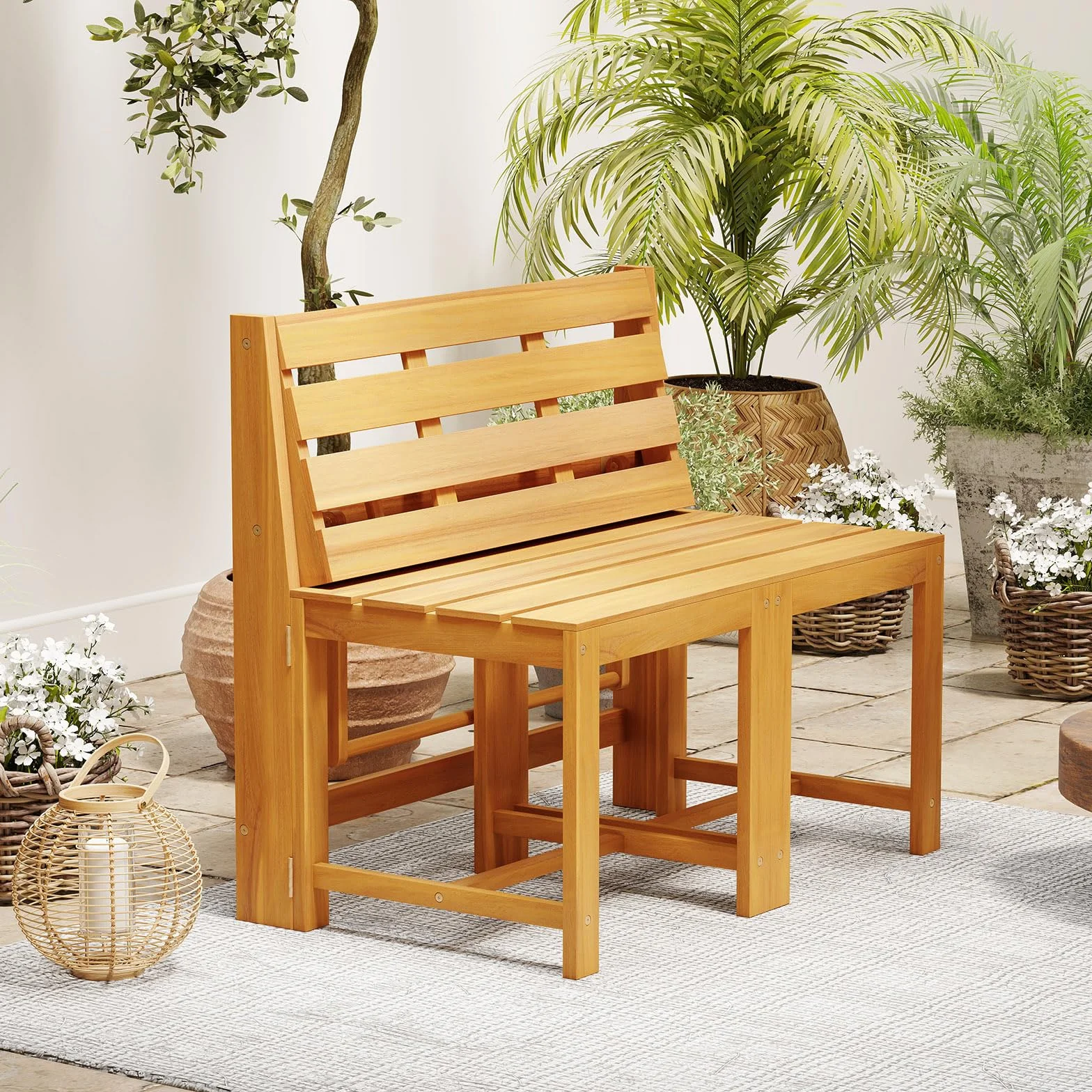 GOPLUS Salon de Jardin Extérieur 3 en 1 Banc Convertible Acacia Pliant 2 Personnes FSC Naturel