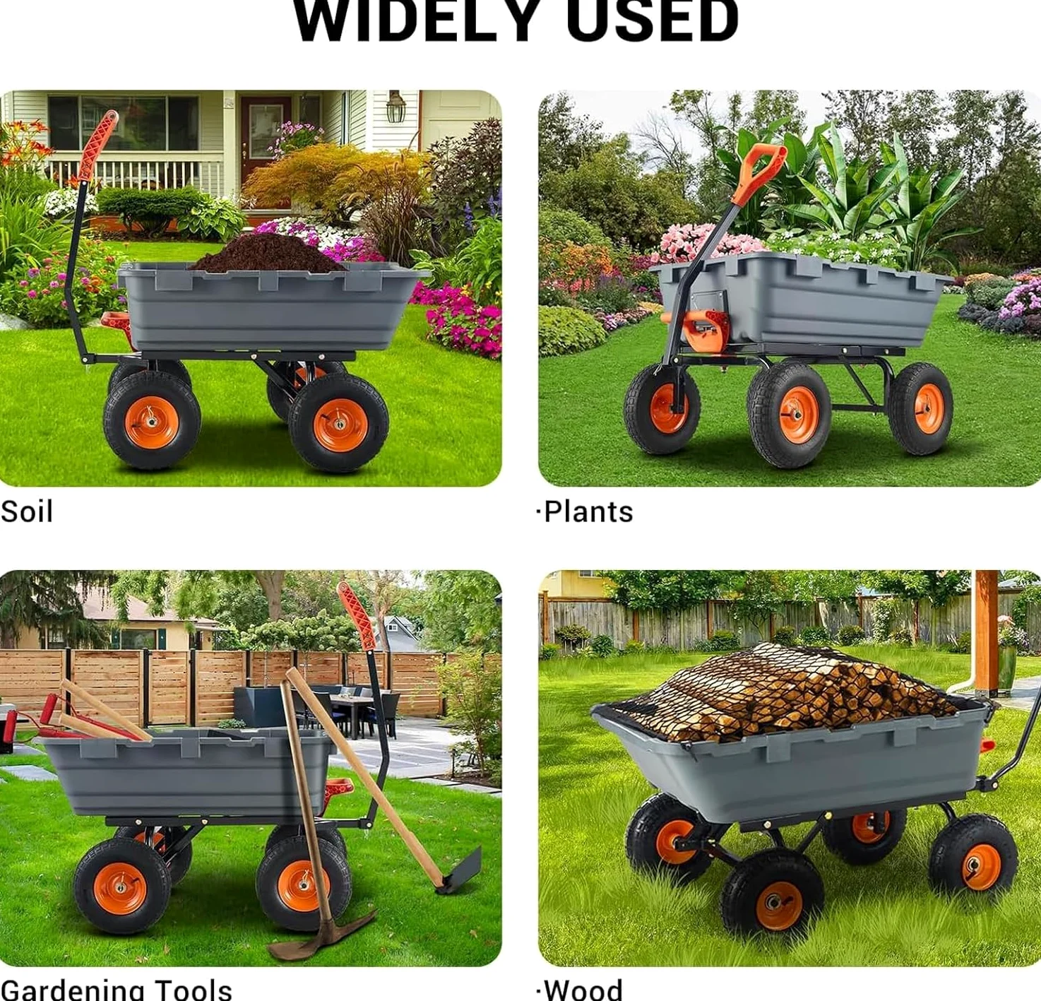 Brouette de jardin de 800 lbs avec fonction basculante, 4 roues avec pneus pneumatiques de 10", bac en polypropylène, poignée réglable en hauteur, inclinable, pour jardin, cour, transport, bois, terre
